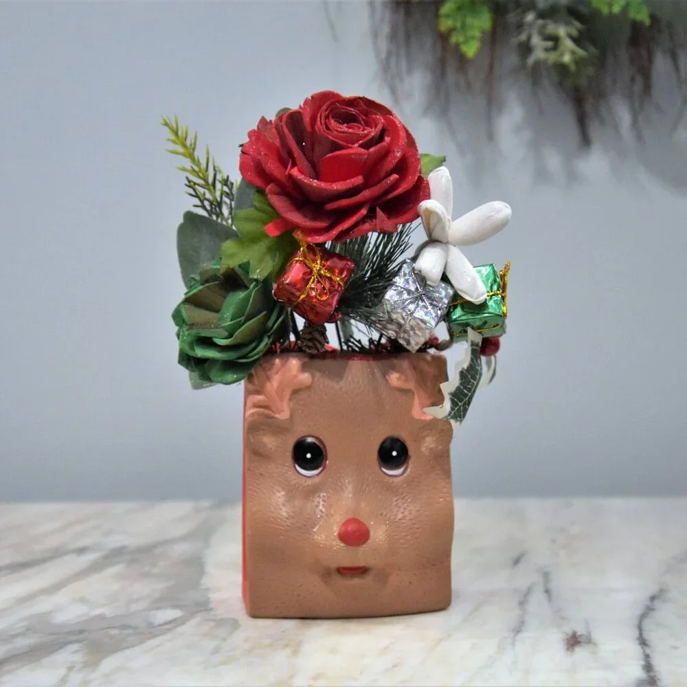 Vintage Rudolph shaped painted pottery with Sola Woods Flower Christmas Holiday